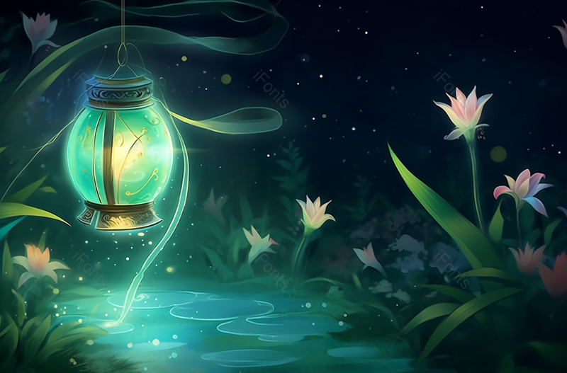 盛夏夜晚萤火虫围绕荷花绽放插画绿色背景,插画/手绘图,插画/手绘图库,插画/手绘图下载,插画/手绘